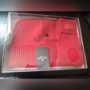 New Kate Spade Logo Patch Beanie/Glove Set In Perfect Cherry Color NWT